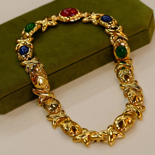 1980's Multi Gem Gold-Plated Necklace