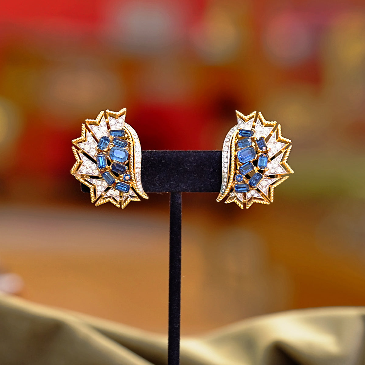 Trifari Blue Rhinestone Clip on Earrings