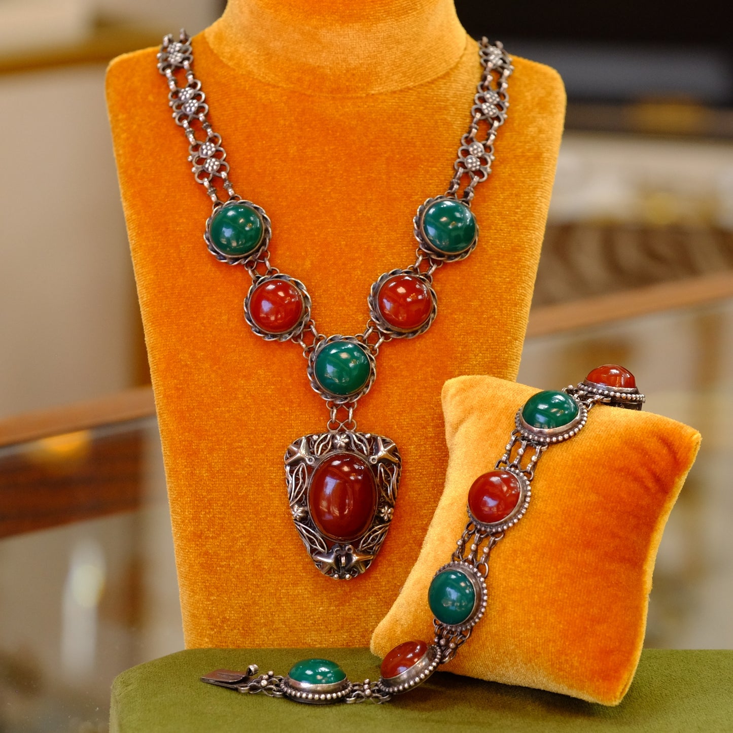 Antique Sterling Silver Necklace & Bracelet Set with Carnelian and Jade