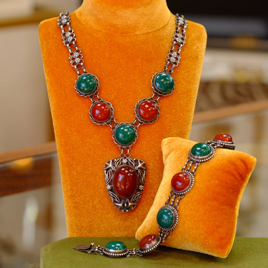 Antique Sterling Silver Necklace & Bracelet Set with Carnelian and Jade