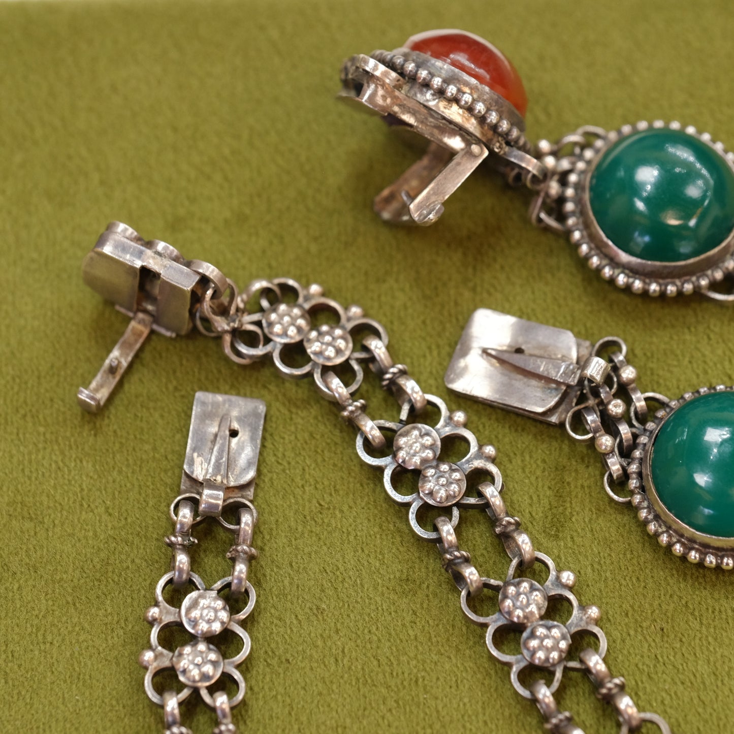 Antique Sterling Silver Necklace & Bracelet Set with Carnelian and Jade