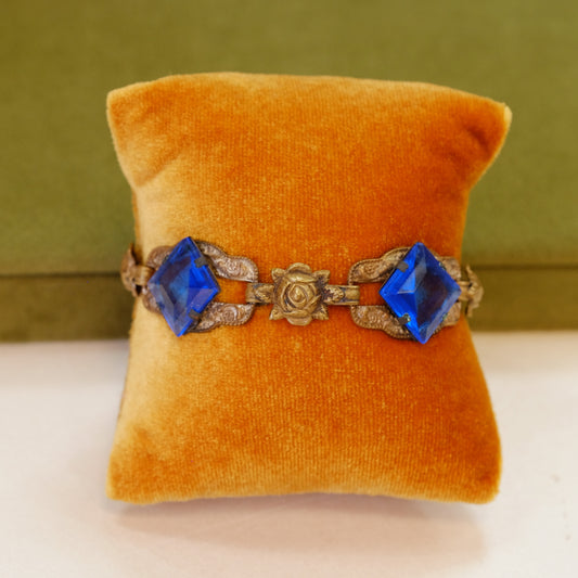 Early Century Brass Rose and Blue Stone Bracelet