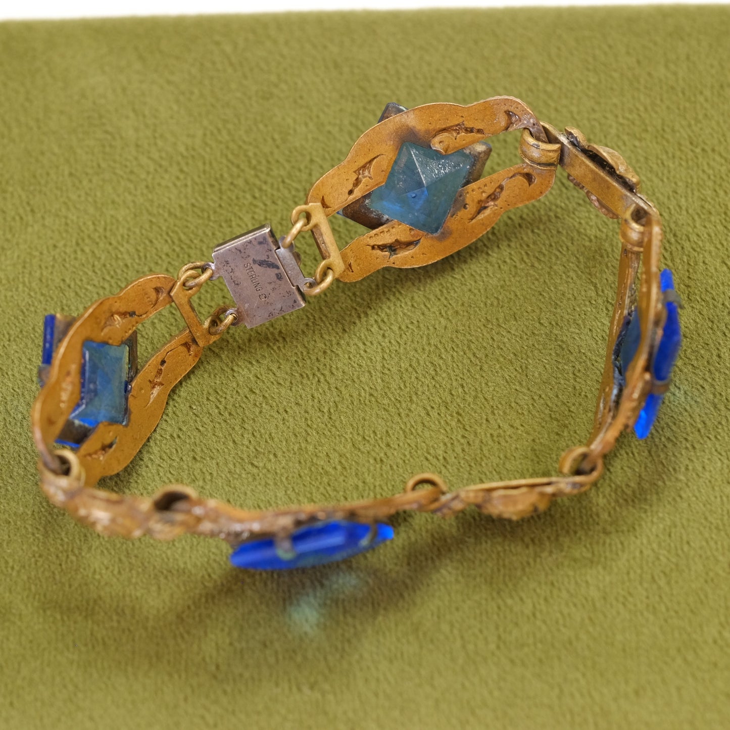 Early Century Brass Rose and Blue Stone Bracelet