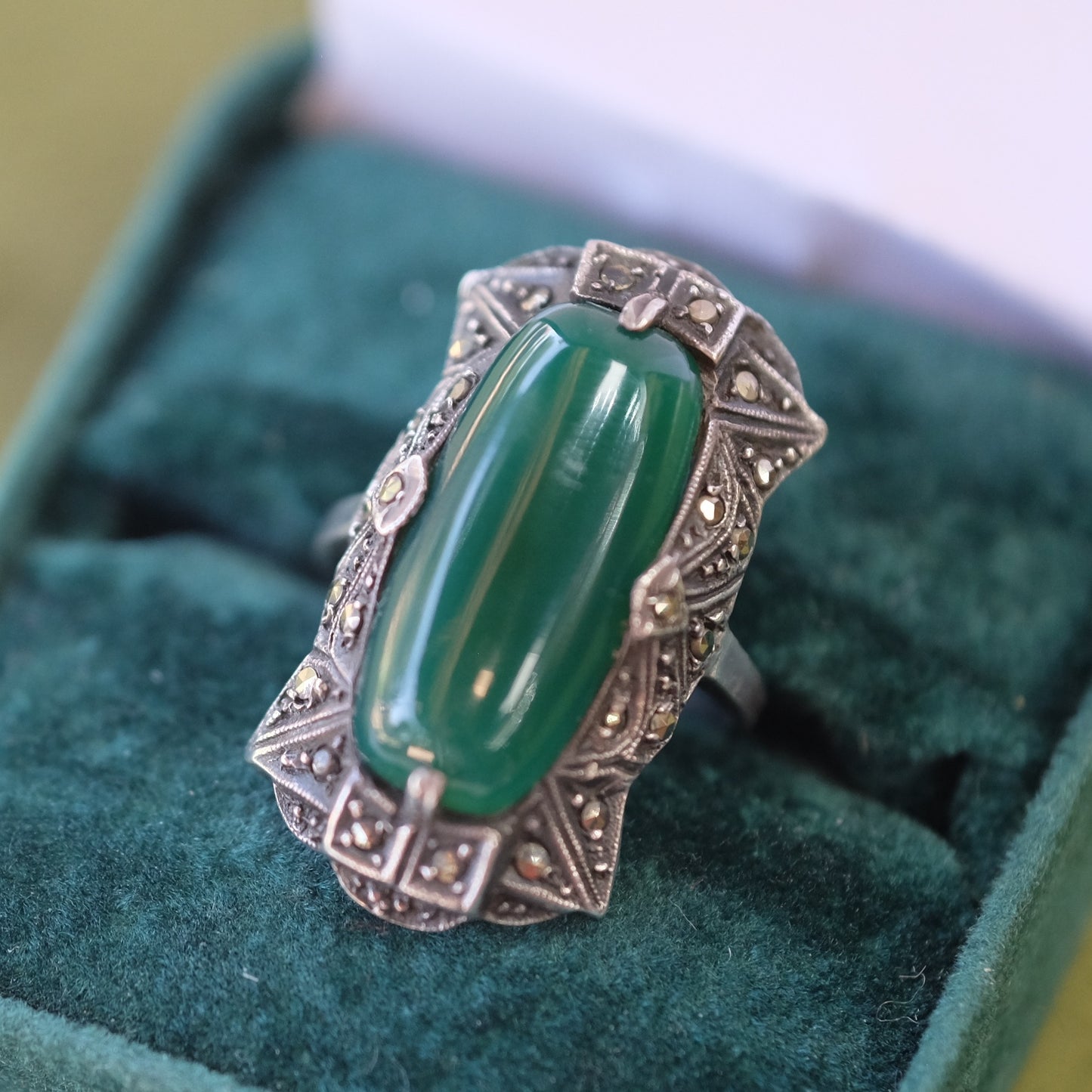 Silver ring with marcasite and Green stone