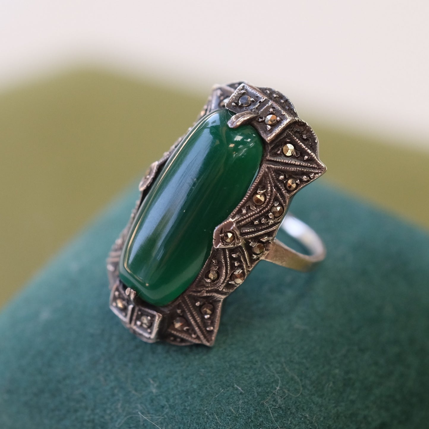 Silver ring with marcasite and Green stone