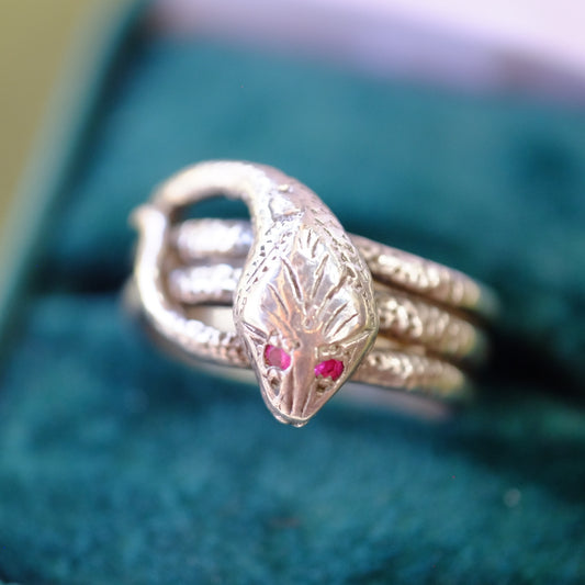 Victorian Coiled Silver Snake Ring with rubies