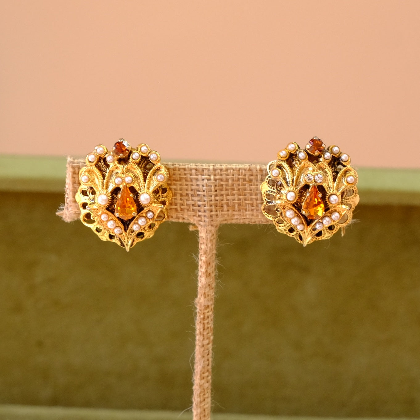Amber Seed Pearl Clip On Earrings