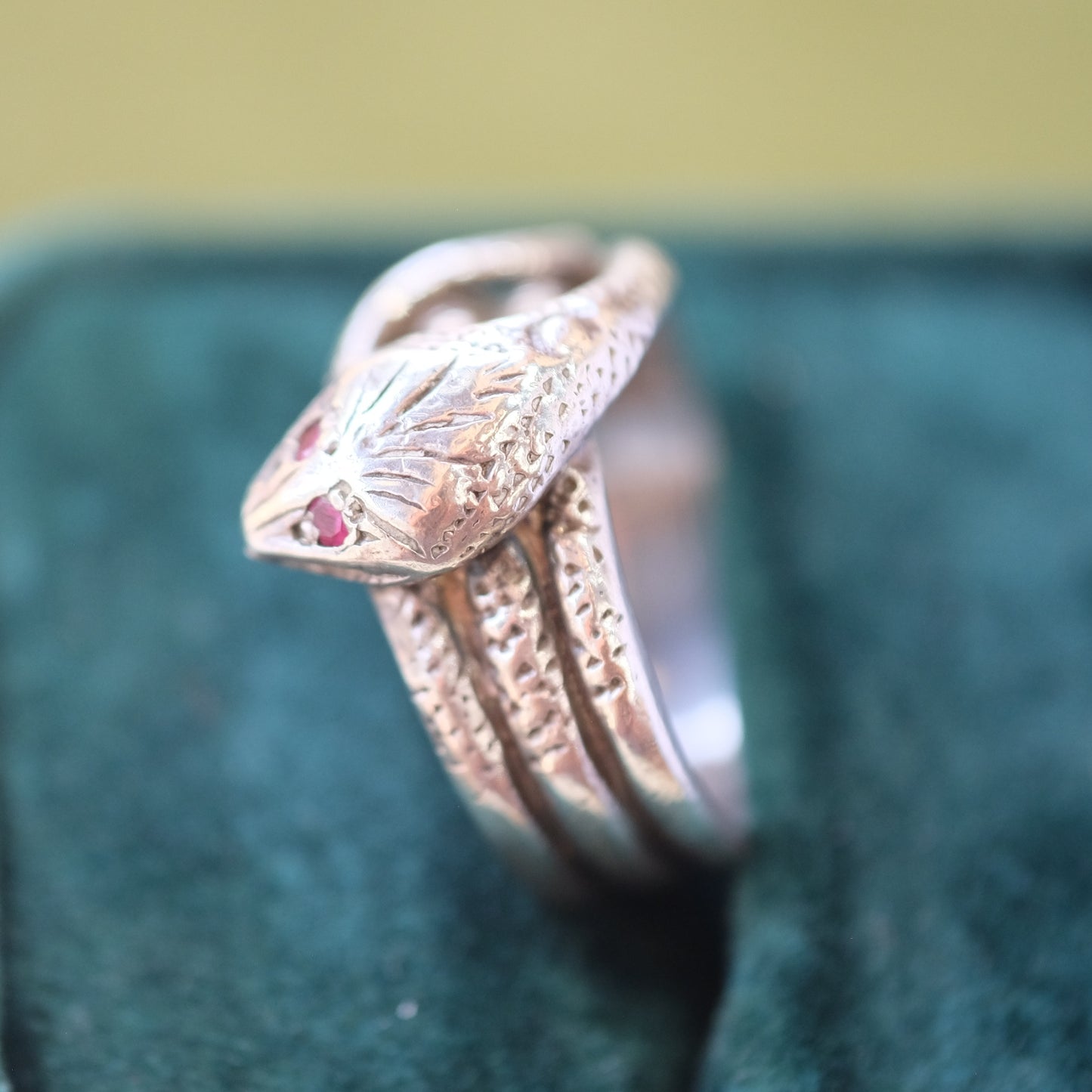 Victorian Coiled Silver Snake Ring with rubies