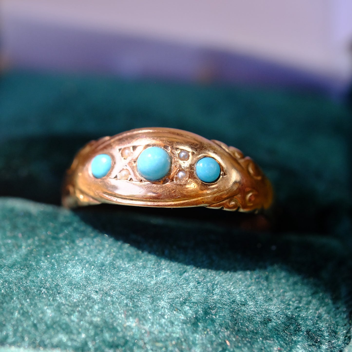 9K Turquoise Seed Pearl Ring 1920s