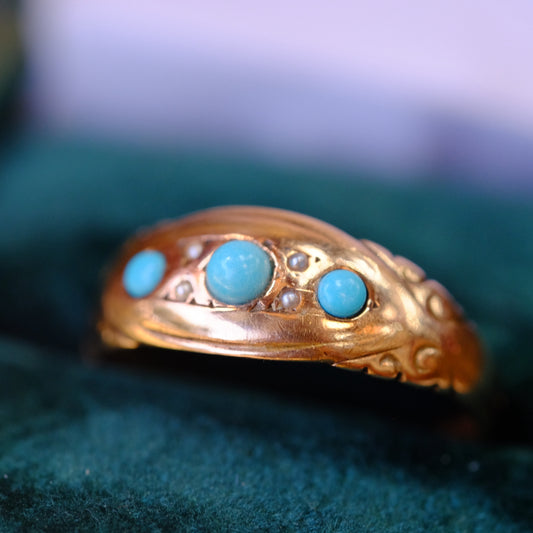 9K Turquoise Seed Pearl Ring 1920s