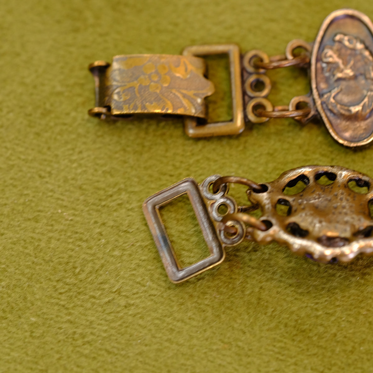 Pewter Filigree Bracelet with Cameos and Purple Stones