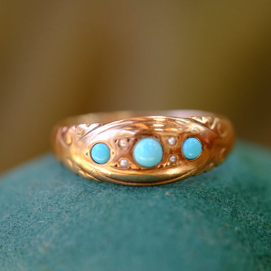 9K Turquoise Seed Pearl Ring 1920s