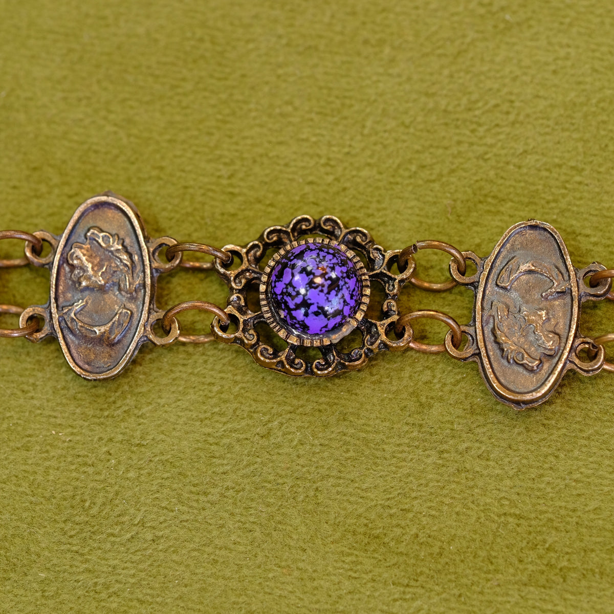 Pewter Filigree Bracelet with Cameos and Purple Stones