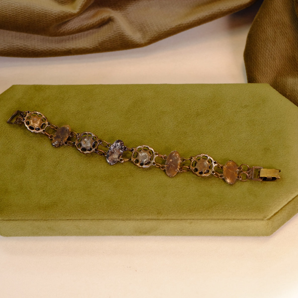 Pewter Filigree Bracelet with Cameos and Purple Stones