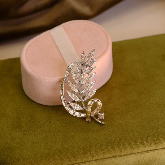 Silver and Clear Rhinestone Leaf Brooch