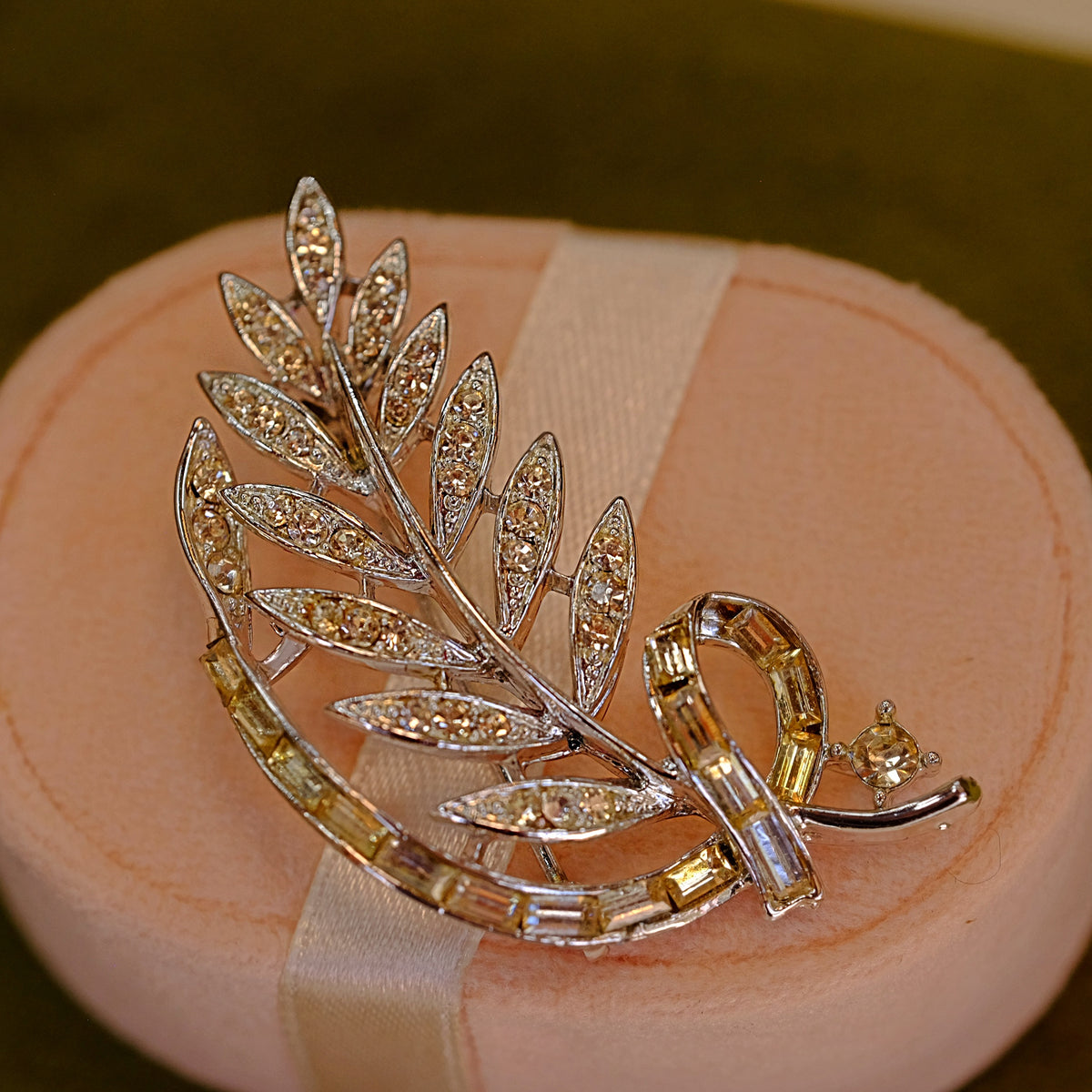 Silver and Clear Rhinestone Leaf Brooch