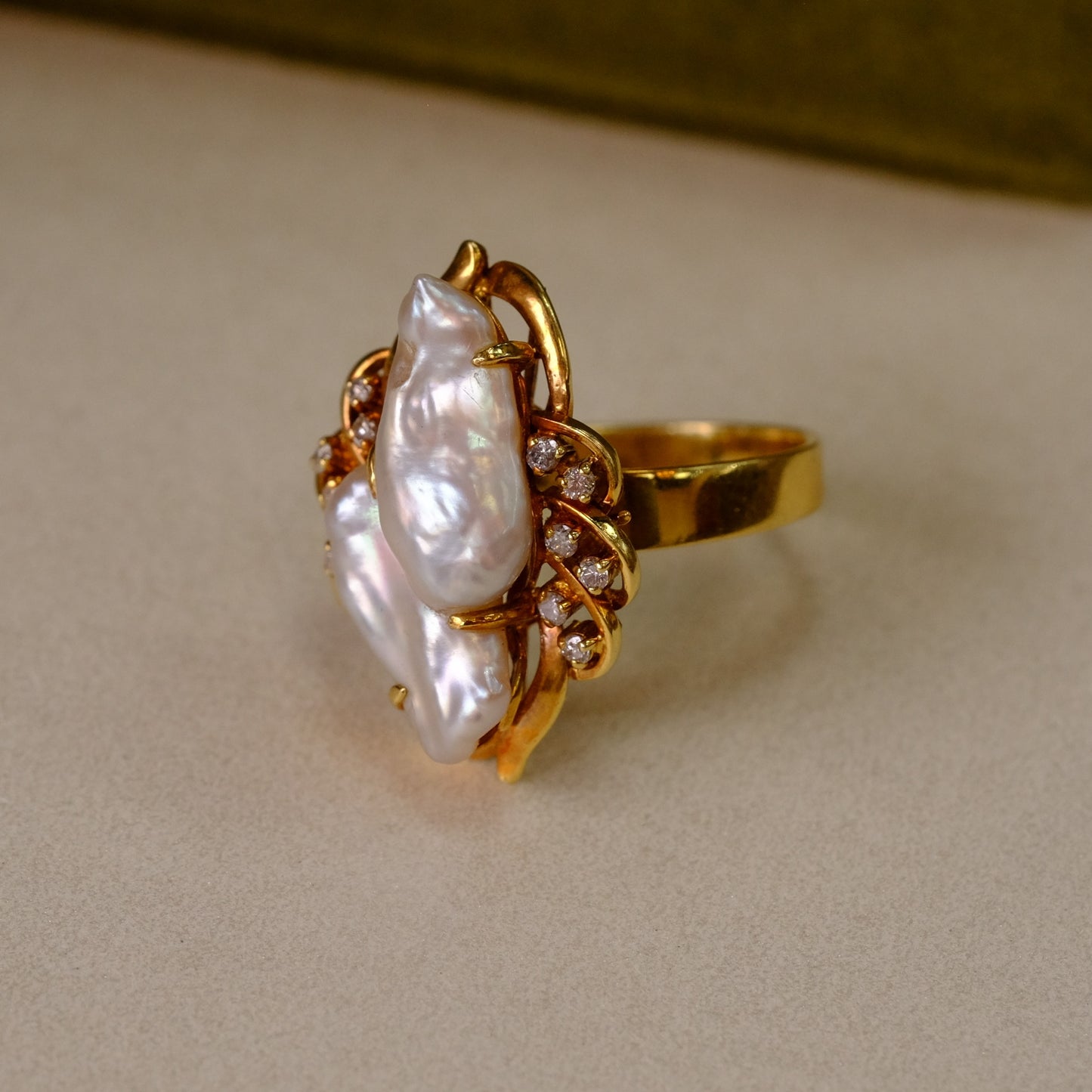 14K Gold Diamonds and Baroque pearl Ring