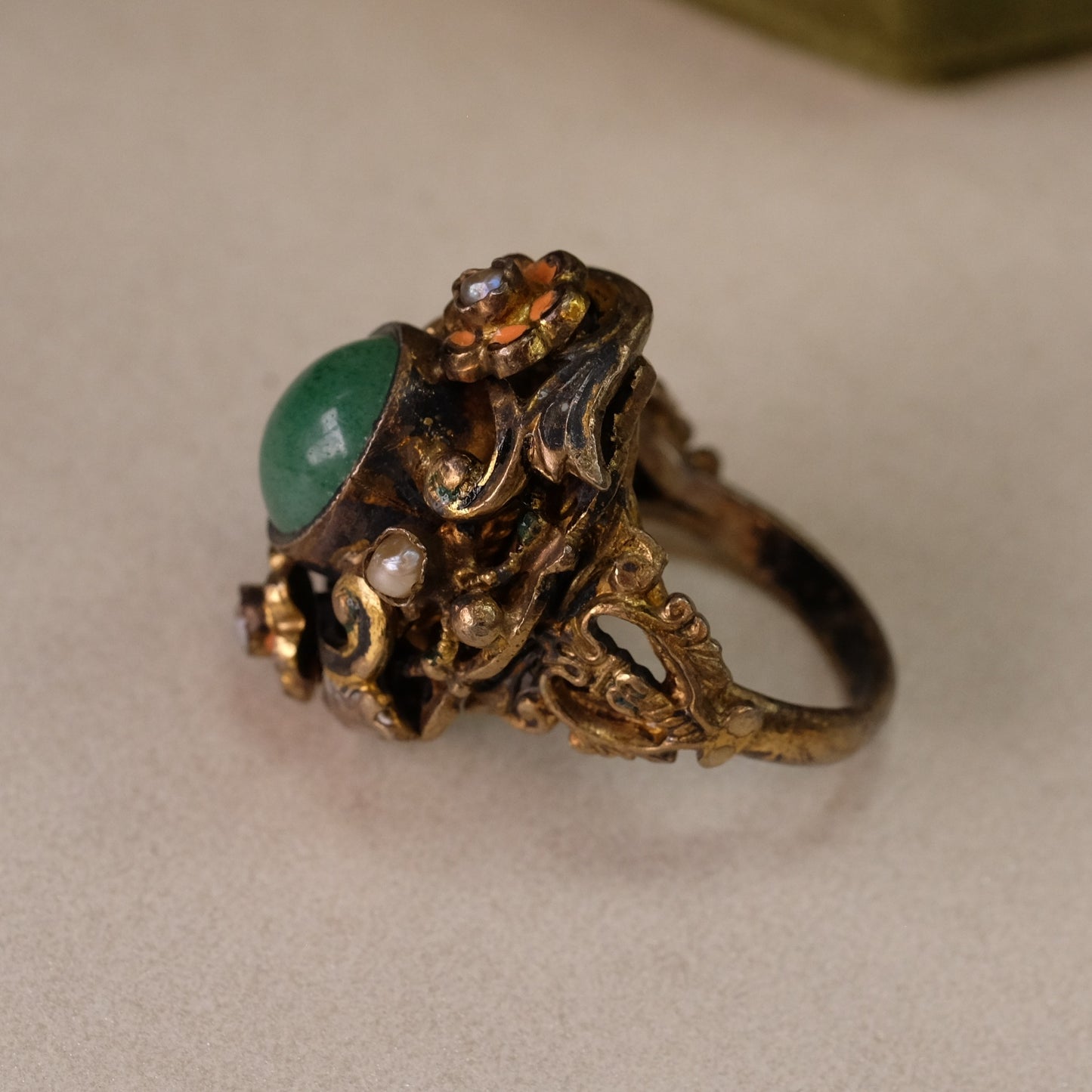 Antique Hungary Jade Pearls Ring