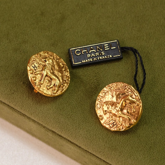 Vintage Chanel Lion Button Clip on Earrings 1990s