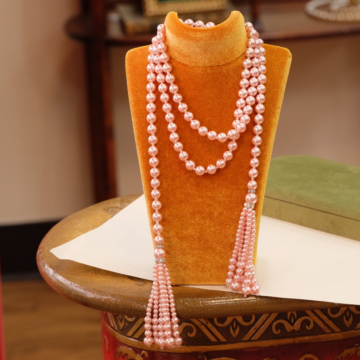 Vintage Long Tassel Pink Faux Pearl Necklace