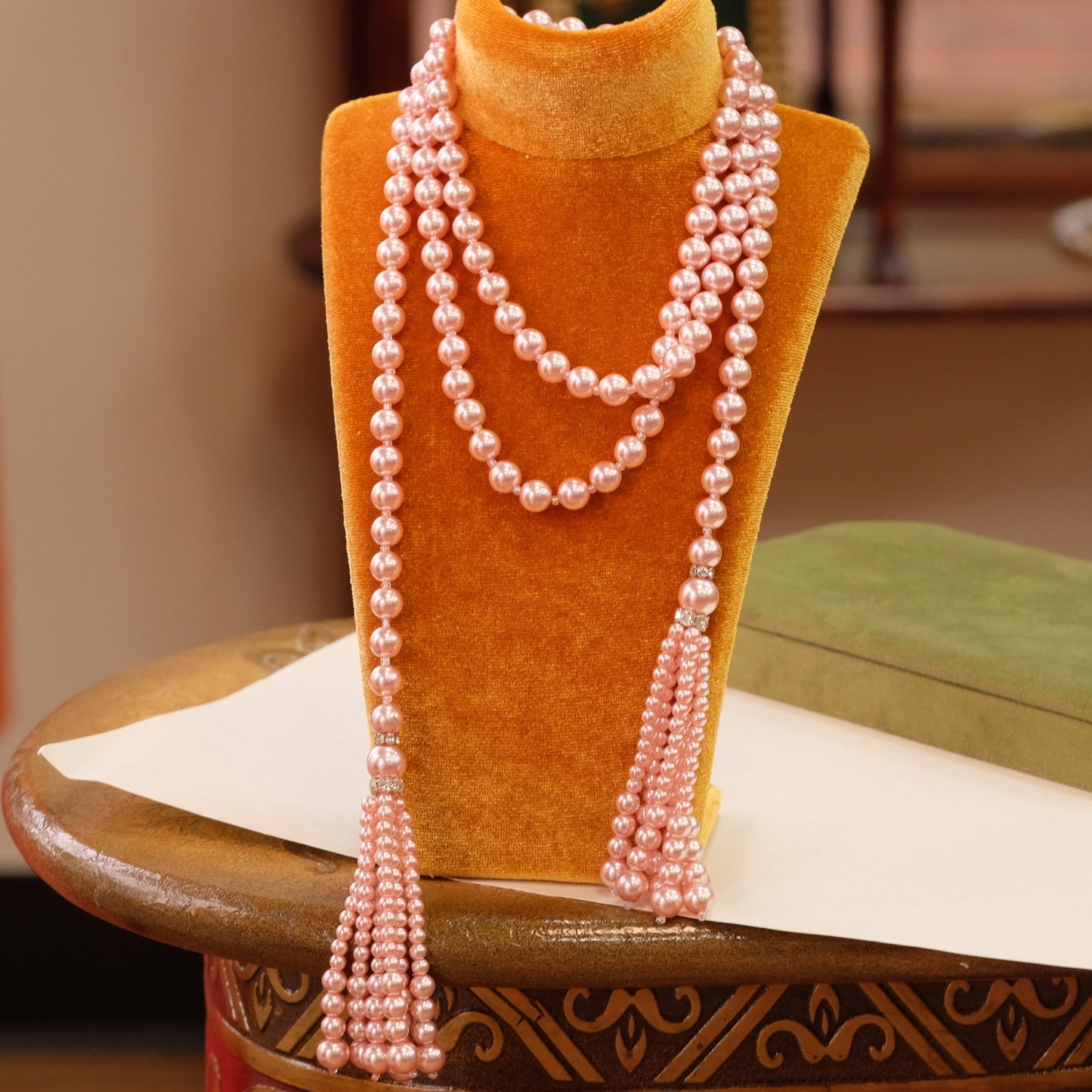 Vintage Long Tassel Pink Faux Pearl Necklace