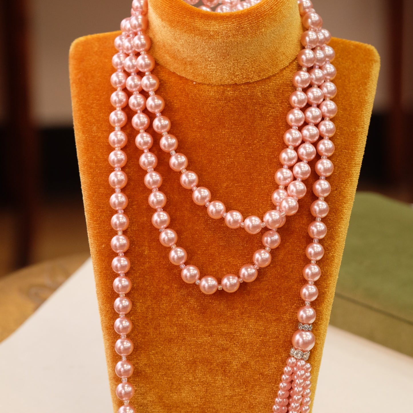 Vintage Long Tassel Pink Faux Pearl Necklace