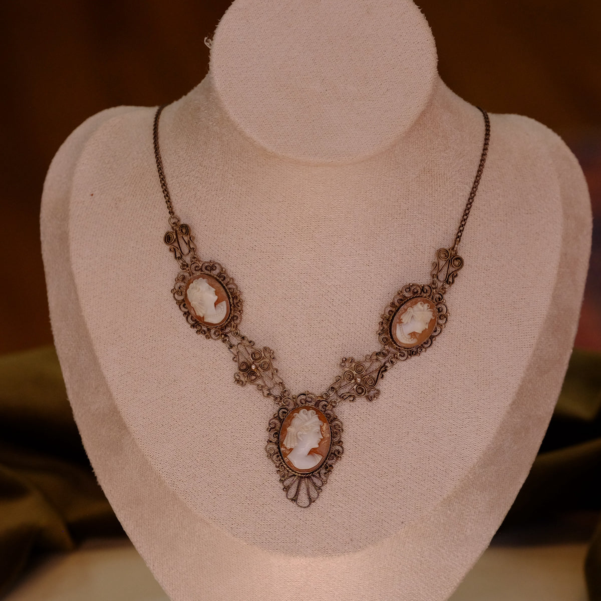 Victorian Cameo Set with Silver Filigree