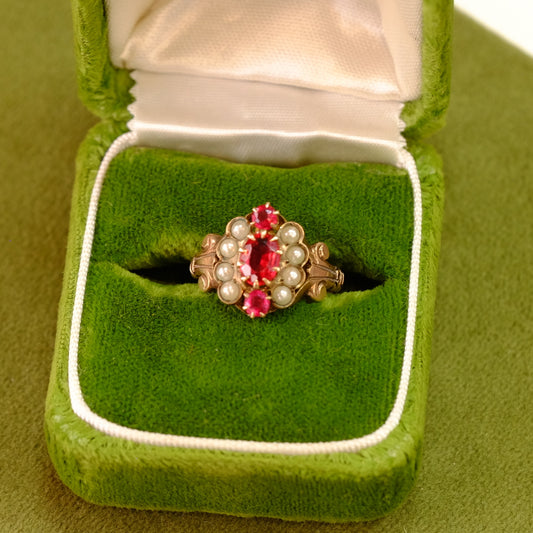 14K Gold Victorian Ruby Seed Pearl Ring