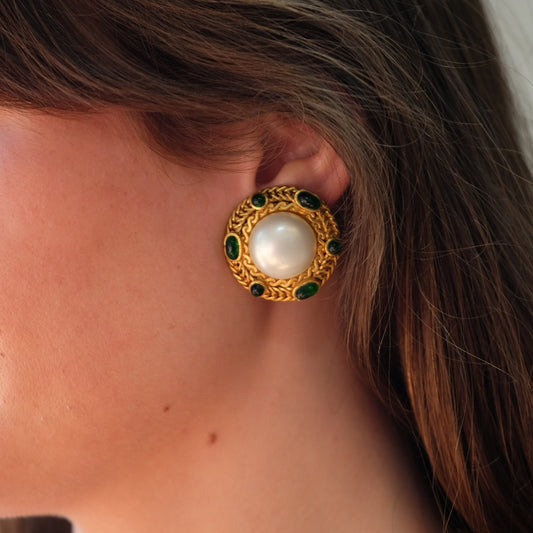 Vintage Chanel Round Pearl Green Gripoix Earrings 1990s