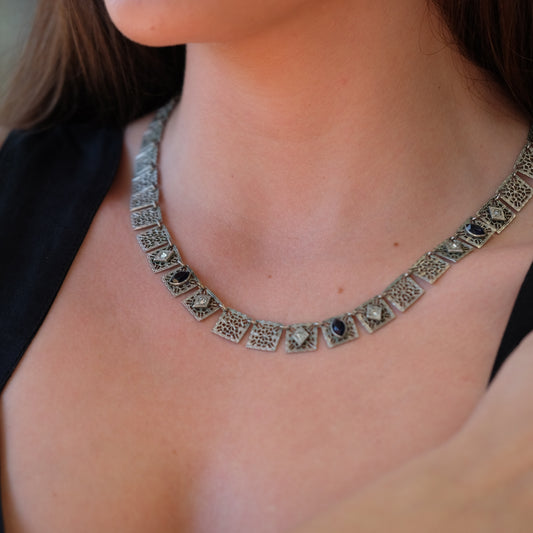 Edwardian Pierced Filigree Necklace with Czech Glass Cobalt and Rhinestones 1910s