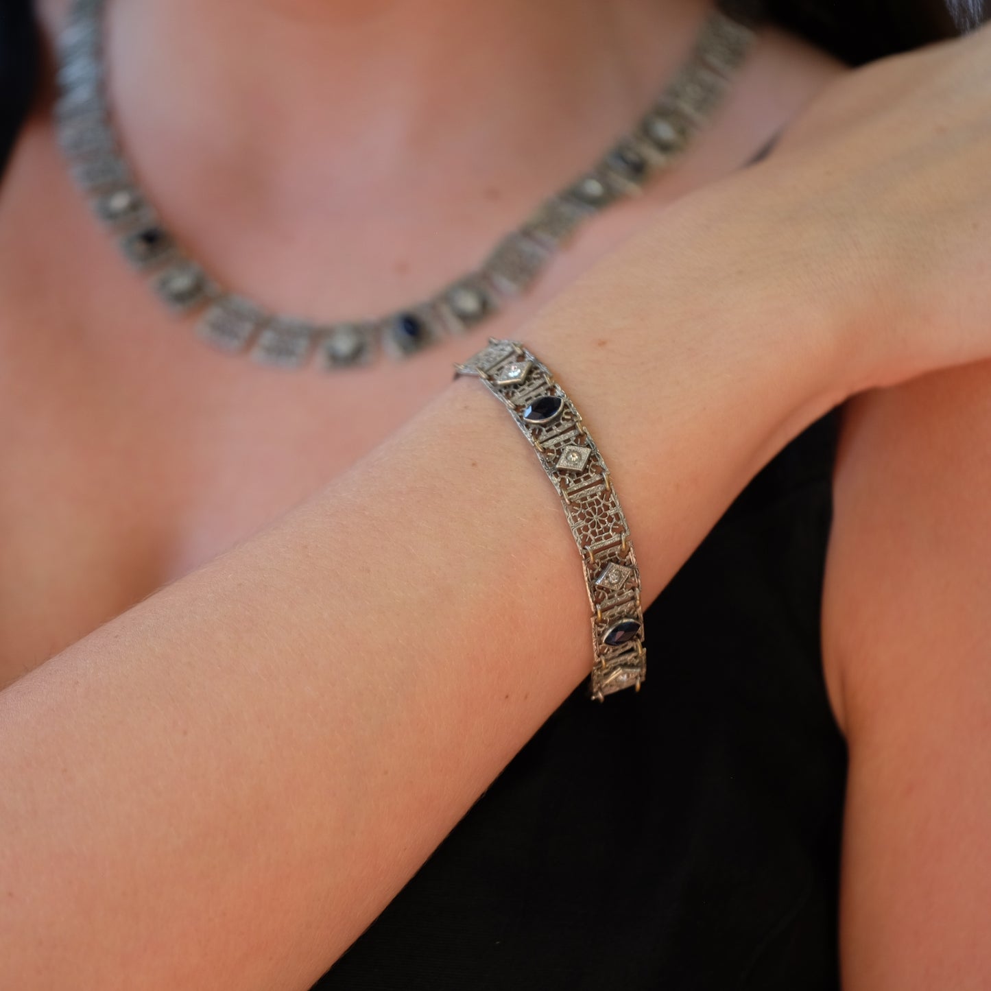 Edwardian filigree with cobalt czech glass stones bracelet 1915-1925