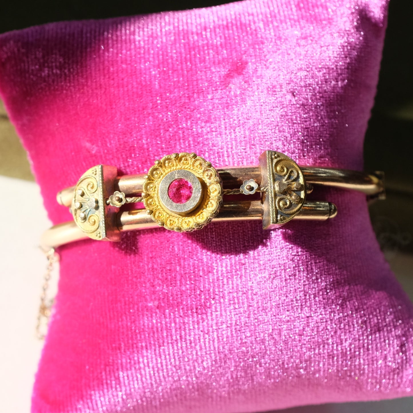Victorian Gold Filled Hinged bracelet with red stone