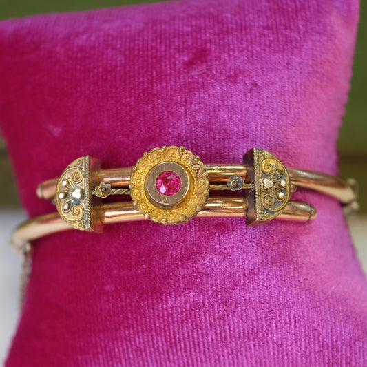 Victorian Gold Filled Hinged bracelet with red stone