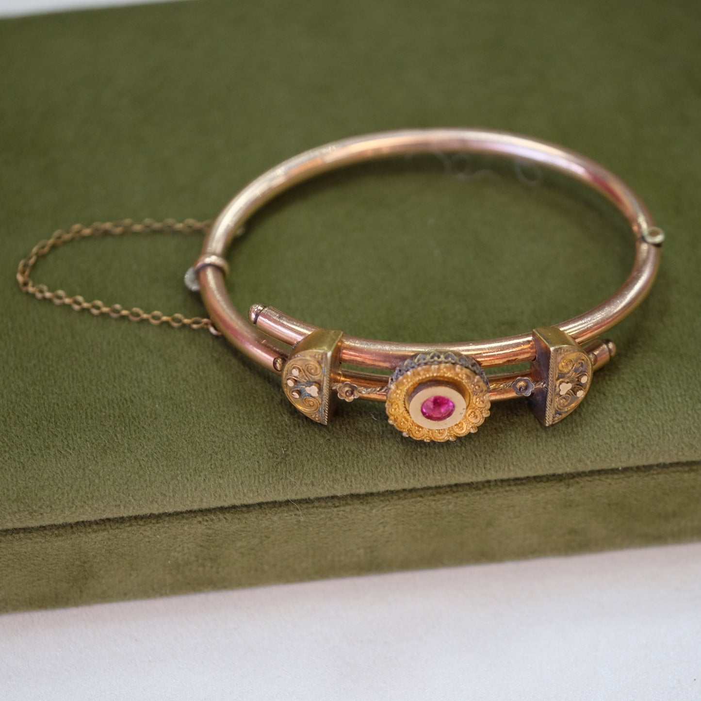 Victorian Gold Filled Hinged bracelet with red stone