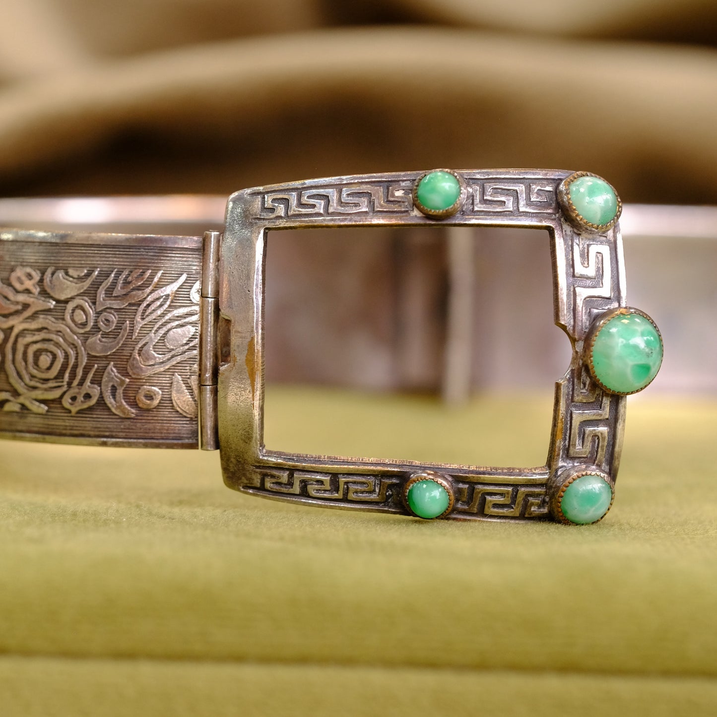 Silver Buckle Bracelet with Turquoise Glass