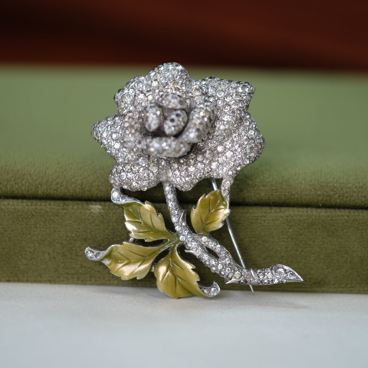 Vintage Boucher Pave Enamel Rose Brooch 1940s