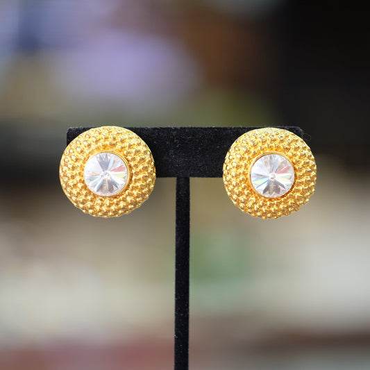 Vintage Round Clear Rhinestones Earrings 1990s