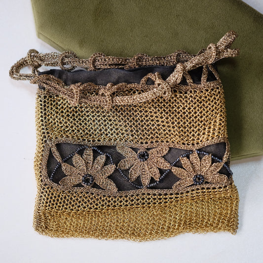 Nancy Bacich Vintage Gold Mesh Over Gold Thread Satin Beaded Flower Bag