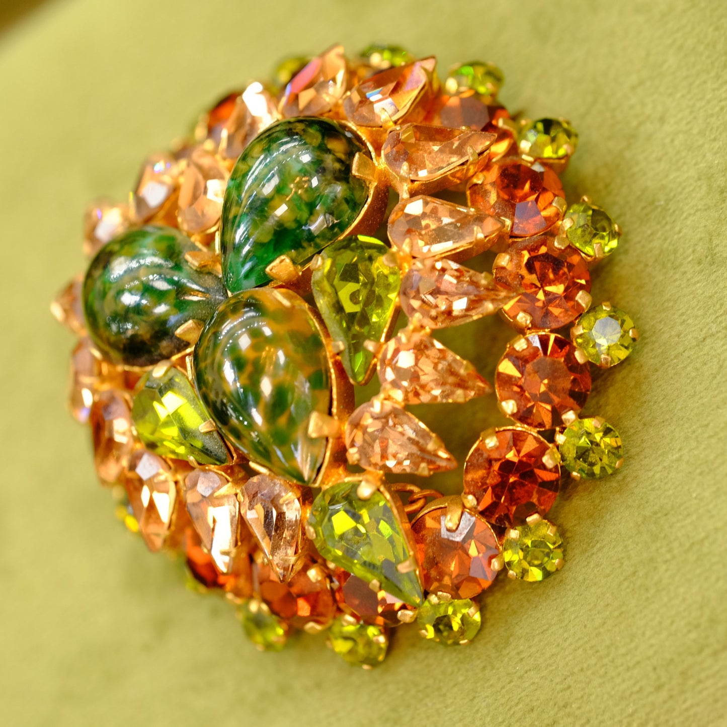 Large Olive and Brown Brooch Earrings Set Austria 1950s