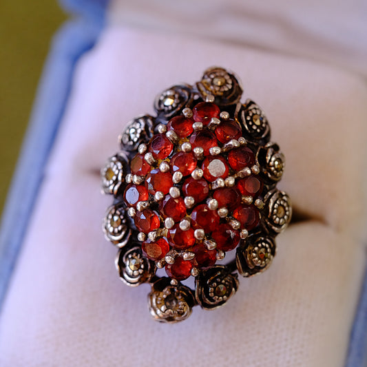 Sterling Paste and Marcasite Cluster Ring