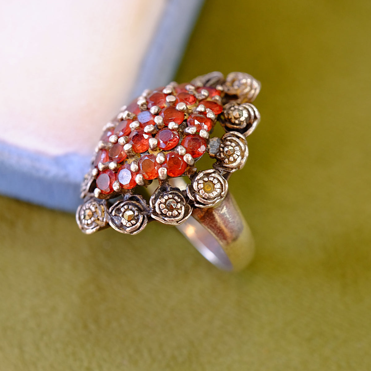 Sterling Paste and Marcasite Cluster Ring