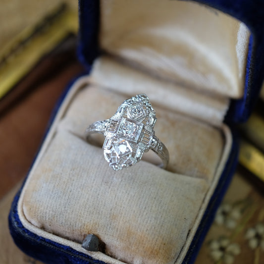 Platinum Art Deco Filigree 3 Diamond Ring