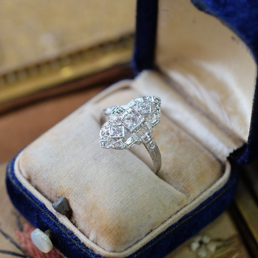 Platinum Art Deco Filigree 3 Diamond Ring