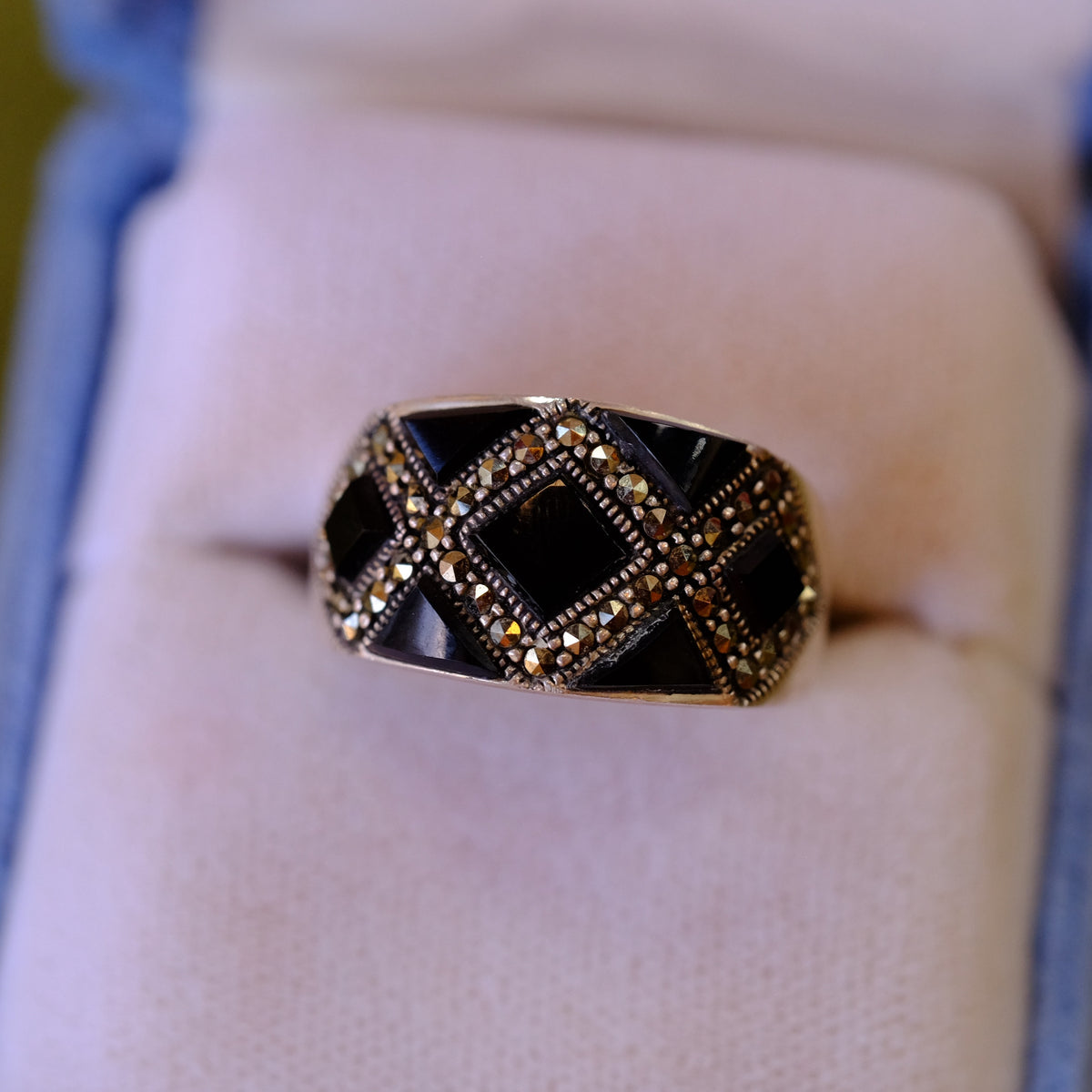 Black Enamel Ring with Marcasites