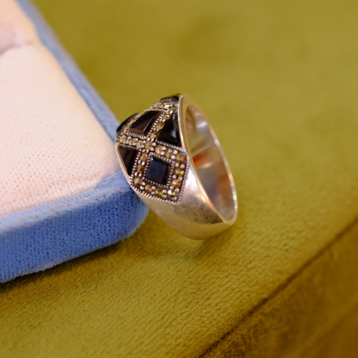 Black Enamel Ring with Marcasites