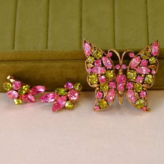 Regency Pink and Lime Butterfly Brooch and Earrings Set 1950s