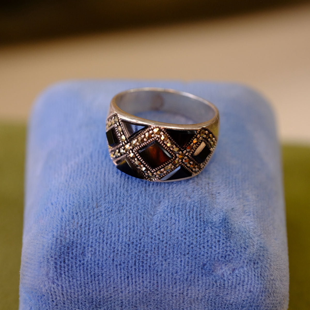 Black Enamel Ring with Marcasites