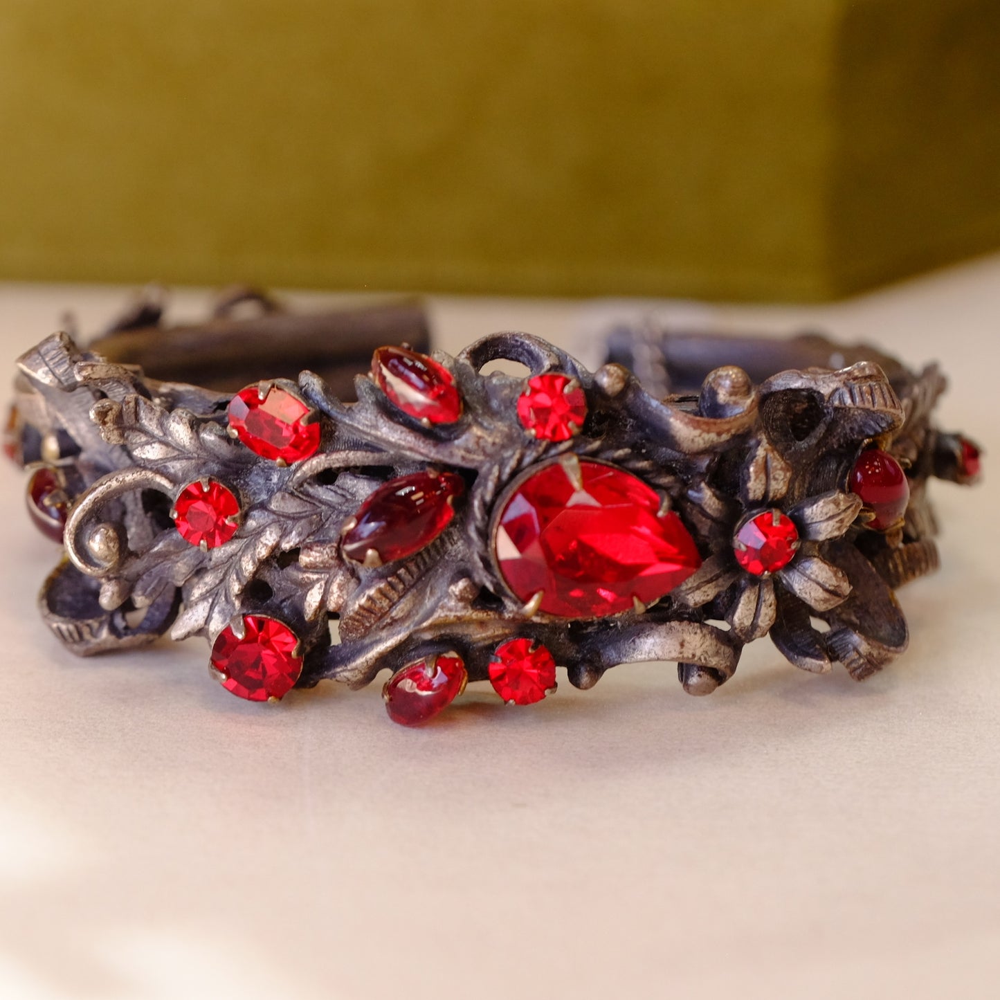 Vintage Cuff Bracelet with Red Glass 1950s