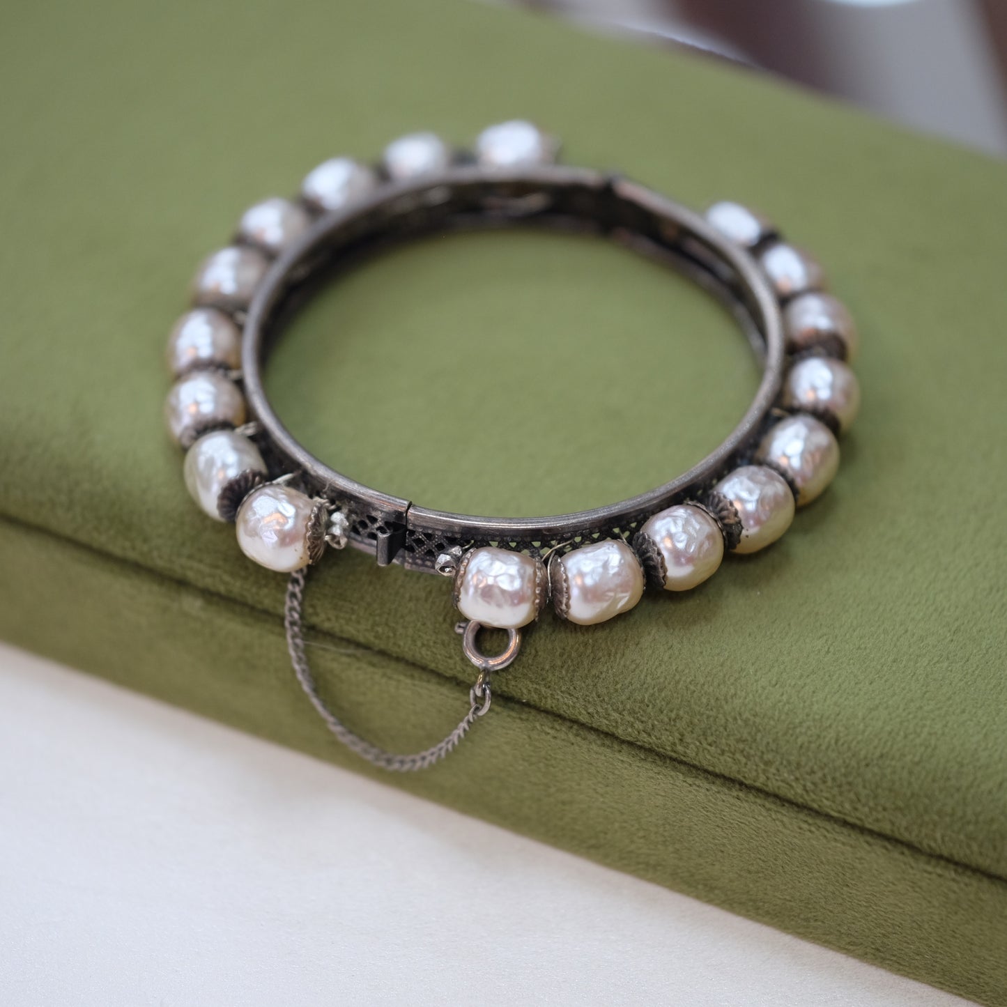 Vintage Miriam Haskell Pearl Grey Rigid Bracelet 1960s