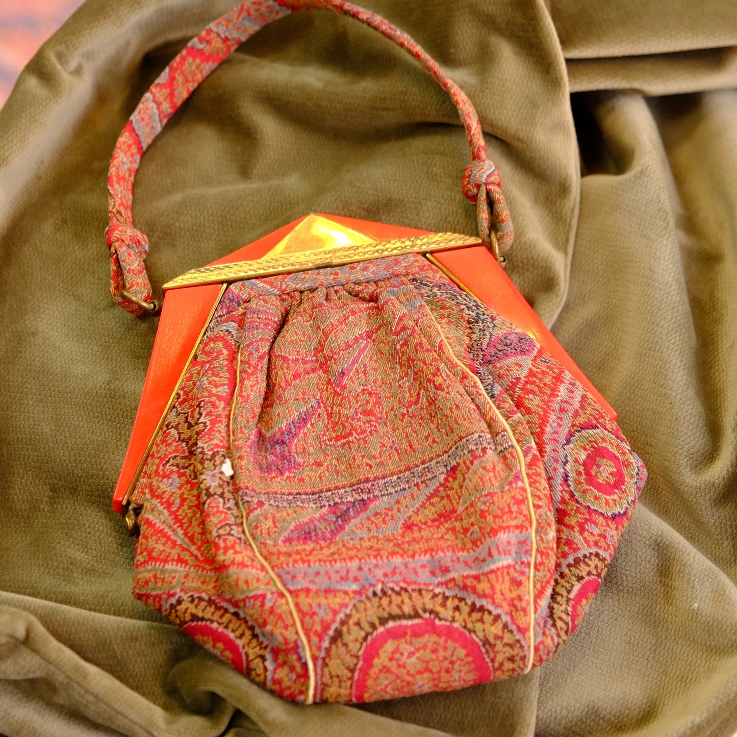 Art Deco Red Paisley Fabric & Bakelite Framed Purse